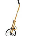 Prograde 3 Foot Folding Measuring Wheel Features a Heavy Duty Three Quarter Inch Steel Tube Frame That Holds Up To Tough Jobs Folds in Half for Easy Storage and Hauling Simple Dial Counts Miles Up To 99 Thousand Feet Great For Contractors, viewed from the side.
