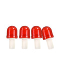 Four red and white plastic caps on a white background shown from the top angle.