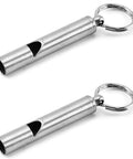 Two Pack Mini Stainless Steel Survival Whistles For Camping Hiking Boating And Outdoors Ultra Loud Emergency Signal shown with keychain