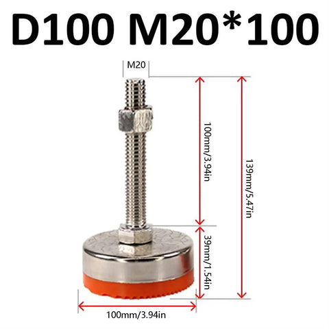 Heavy Hitter Adjustable Leveling Feet Solid As A Rock Carbon Steel Floor Shims with M20 thread, 100mm height, non-slip pad.
