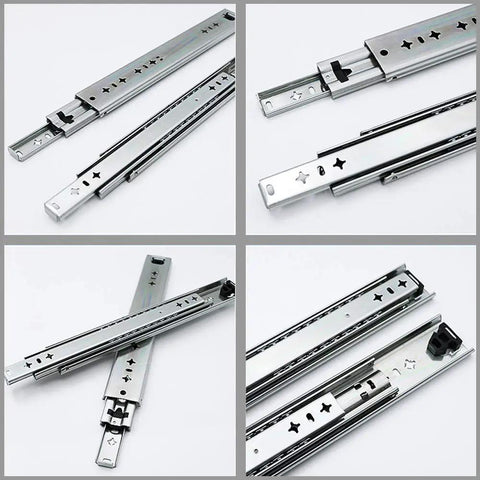Heavy Duty Drawer Slides 750mm 30 Inch Ball Bearing Runners With 120kg Load Capacity Removable Bead Roller Rail Smooth Operation For Heavy Loads Anti Collision Track End Rubber Pads For Quiet Close And Long Lasting Durability in a four-panel layout showing metal construction and components.