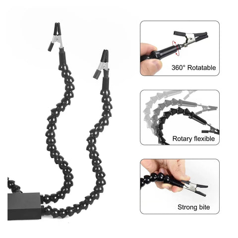 Pro Grade Flexible Third Hand Soldering Station with two adjustable goosenecks and 360° rotating insulated alligator clips