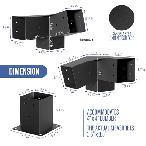 Heavy-Duty 15-Degree 3-Way Pergola Right Angle Bracket With Raised Post Base For 4x4 Wood Beams - Tough-As-Nails Weatherproof Garden Gazebo Corner Support Kit, Set Of 8