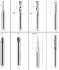 Carbide CNC Router Bits Set With Quarter Inch Shank For Woodworking Detail Carving And Trimming V Groove Engraving Slotting Mortise Eight Piece Pack displayed with measurements