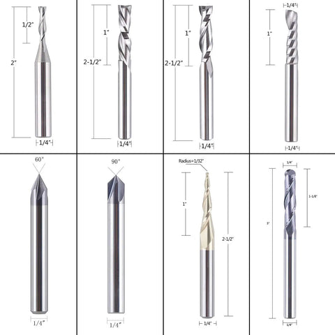 Carbide CNC Router Bits Set With Quarter Inch Shank For Woodworking Detail Carving And Trimming V Groove Engraving Slotting Mortise Eight Piece Pack displayed with measurements