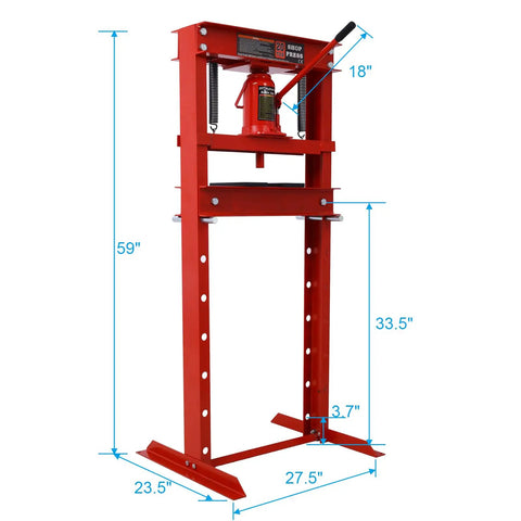 20 Ton Hydraulic Shop Press Heavy Duty H Frame Shop Hog Manual Press For Auto Repair Metal Bending adjustable table shown with dimensions.