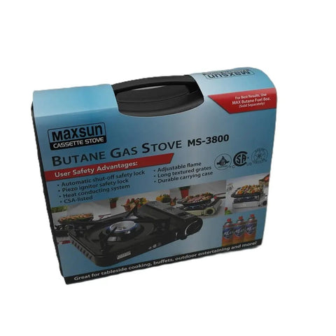 Box of 9560 BTU Portable Gas Camp Stove MS3800 With Carrying Case Piezo Ignition CSA Certified for indoor outdoor use