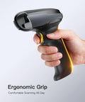 Ergonomic view of Wireless 2D Barcode Scanner Bluetooth 1MP QR Code Scanner With All Day Battery Life Charging Cradle Data Receiver And Replaceable 2000mAh Batteries For Continuous Shift Work held in hand