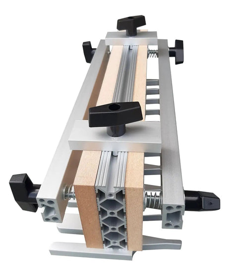 Pro Tier Preassembled Dovetail And Box Joint Router Table Jig Featuring Tough As Nails Hardware Precision Bits And Quick Setup Manual, clamps and guide visible.