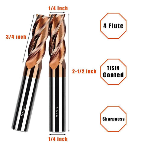 Two Maclix 1/4-inch carbide end mills, TiSiN-coated, four-flute, 2-1/2-inch overall length