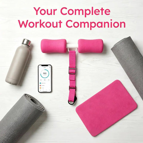 Pink Nordic Curl Strap with Pad for Home Workouts, yoga mat, water bottle, and smartphone on white surface