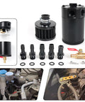 Universal Billet Aluminum Oil Catch Can Kit with 2 Port Breather, filter, hoses, and fittings in a compact layout for tight engine bays.