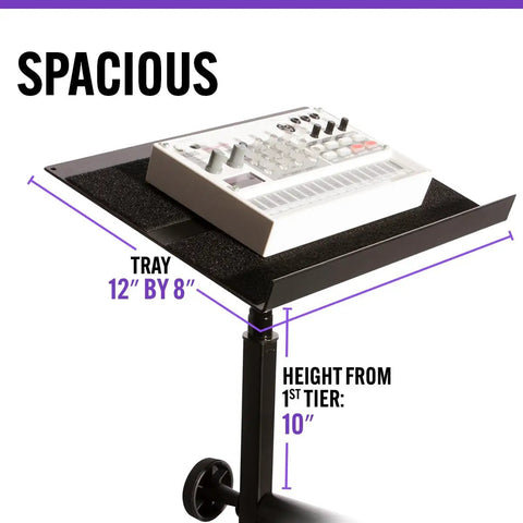 Keyboard Stand Tray Accessory for 1 Inch Tubing fits gear like small mixers or synth modules, shown with equipment on tray.