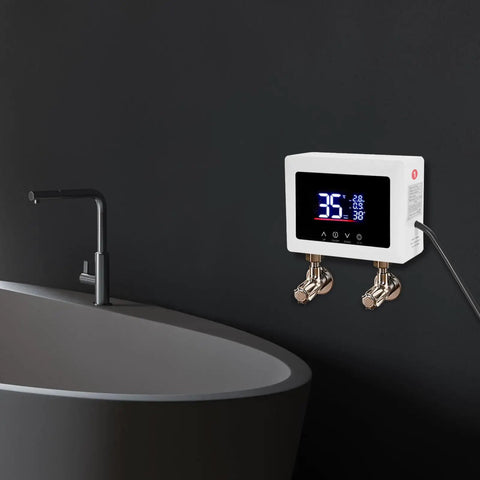 Instant Electric Water Heater 3000W On Demand Tankless Digital Temperature Control mounted next to a sleek bathtub.