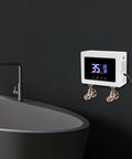 Top Tier Built Different Wall Mount Instant Electric Water Heater 3000W Tankless Kit mounted with digital panel next to bathtub.