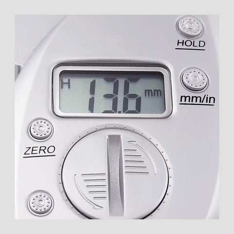Close-up of LCD display on Pinch And Read Digital Body Fat Caliper With LCD Display, showing 13.6 mm reading.