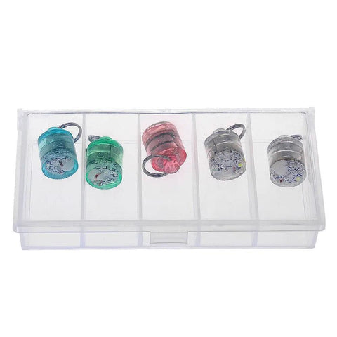 5 Pack LED Fishing Lights For Deep Water Drops in transparent case displaying water-activated lights in assorted colors