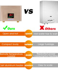 Comparison chart of Powerful 4000W Tankless Under Sink Hot Water Heater 110V vs traditional heater with features listed