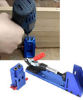 Pocket Hole Jig Wood Joinery Guide with toggle clamp and drill bit in use for DIY woodworking on leg and rail assembly