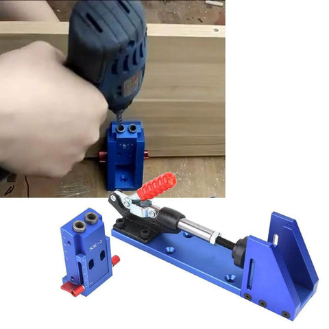 Pocket Hole Jig Wood Joinery Guide with toggle clamp and drill bit in use for DIY woodworking on leg and rail assembly