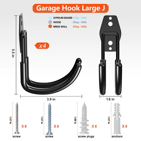 Heavy Duty Garage Hooks 4 Pack J Shaped Wall Mounted Hanger Organizer For Ladders Bikes Tires Hose And Tools Durable Steel Construction