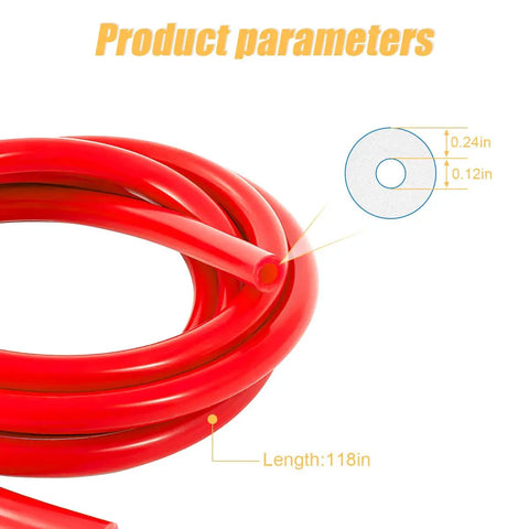 Heavy Duty Silicone Vacuum Hose 10 Ft Long One Eighth Inch Inner Diameter High Temperature 130 PSI Max Flexible Auto Radiator Vacuum Tubing Red Durable Multiuse Line For DIY Engines Repairs And Replacements, coiled red hose with product parameters displayed
