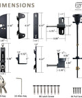 Rock Solid Gate Latch With Pull Cable Quick Release Two Sided Lockable Exterior Door Fixture For Wood Vinyl Or Steel Fences Smooth Outdoor Barn Entry Hardware In Matte Black dimensions with key and screws.