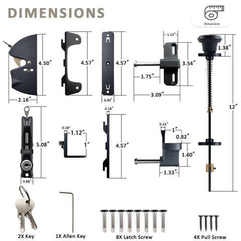 Rock Solid Gate Latch With Pull Cable Quick Release Two Sided Lockable Exterior Door Fixture For Wood Vinyl Or Steel Fences Smooth Outdoor Barn Entry Hardware In Matte Black dimensions with key and screws.