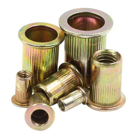 90 Piece Mixed Zinc Plated Carbon Steel Flat Head Rivet Nut Kit With M3 M4 M5 M6 M8 M10 Thread Sizes In Gold Finish