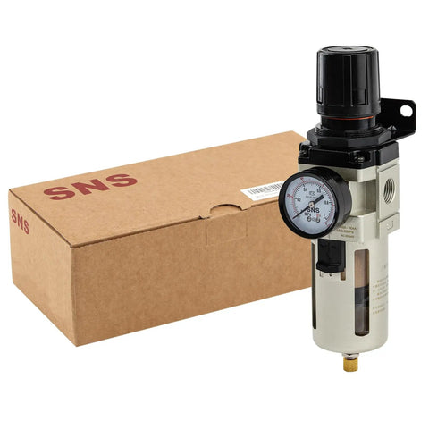 All In One Air Filter Regulator Combo For One Half NPT Systems with gauge, brass filter, poly bowl, and metal guard, side view