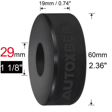Side view of Heavy Duty Bottle Jack Pad Adapter Rubber With 29mm Hole And 1 1/8 Inch Recess On Bottom Jacking Point, Universal Fit For 5 To 6 Ton Bottle Jacks, Prevent Slippage And Car Damage During Lifts, showing dimensions.