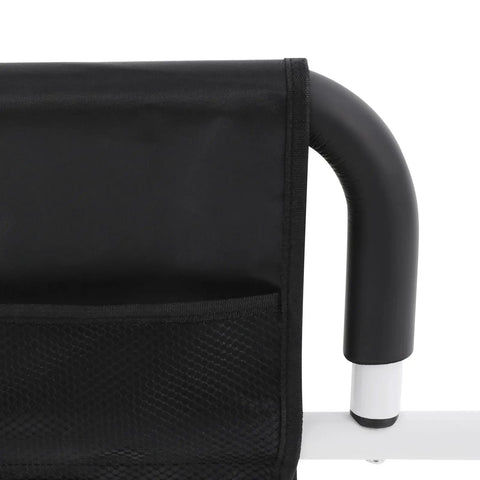 Close-up of durable carbon steel L-shaped bedside support handle in black with mesh pocket, ideal for seniors and disabled
