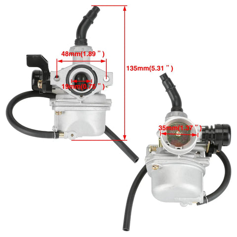PZ19 19mm Carburetor Kit For Tao Tao ATVs And Dirt Bikes 50cc 70cc 90cc 110cc 125cc with dimensions and hoses
