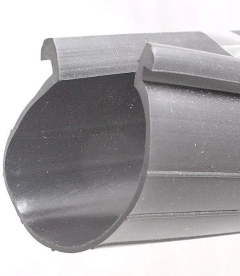 Close-up of Heavy Duty Garage Door Bottom Seal Strip For Single Slot Channel Rubber Weather Seal 18 Foot Length in black vinyl