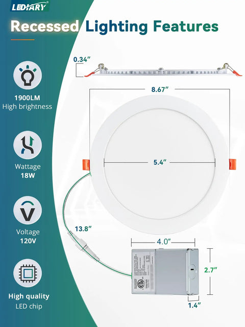 8 Inch Slim LED Recessed Lighting 6 Pack Ultra Thin Canless Downlights 5CCT Selectable 2700K To 5000K Smooth Dimmable Super Bright 1900 Lumens 18W Equal 180W With Jbox IC Rated ETL Listed For Home Ceilings