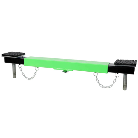 Rock Solid Heavy Duty Floor Jack Cross Beam Adapter With Beefy Steel Build For Zero Wiggle Lifts Adjustable Shop Crane Support Bar With Thick Grip Pads 4000 Pound Capacity, showing green steel frame with grip pads.
