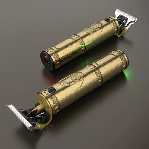 USB Charged Electric Hair Clipper For Barbershop And Home Use Metal Body Trimmer with ornate design on dark surface