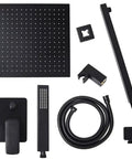 Slick Black Brass Shower System With 12 Inch Square Rainfall Head Wall Mounted Luxury Bath Kit includes square head, handheld sprayer, and diverter.