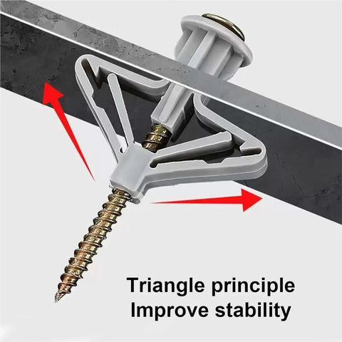 Self Drilling Drywall Anchors Kit With 100 Pieces Plastic Nylon Anchors And Yellow Zinc Plated Carbon Steel Screws No Pre Drill Install Easy Wall Mounts Durable Heavy Duty Fasteners For Home And Office DIY Projects triangle wall anchor close-up