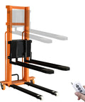 Electric Pallet Stacker With Fixed Legs For Lifting Heavy Loads Up To 1300 Lbs And 63 Inches High with remote control for operation.