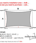 Diagram showing installation dimensions for rectangle Sun Shade Sail 10x13 Ft for backyard patio and garden.