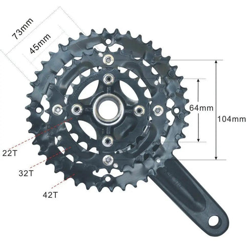 Triple Chainring Crankset With Bottom Bracket For Road And Mountain Bikes Eight And Nine Speed M430 42T 32T 22T 170mm Arm BCD 104 64mm Fits 68mm Or 73mm Shell Black Built For Any Ride, shown with measurements