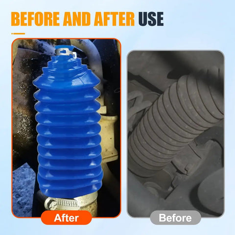 Before and after comparison of Silicone Inner Tie Rod Boots With Locking C Clamps And Bellows Cable Ties For Waterproof Dustproof Steering Rack And Pinion Boot Kit Blue