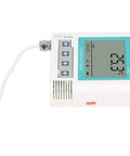 Heavy Duty Lcd Temperature Data Logger With Usb Software Alerts And Rechargeable Battery For Cold Chain Warehouses And Labs showing display and control buttons.