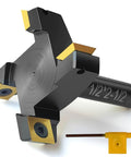 Heavy Duty Slab Flattening Router Bit With One Half Inch Shank And Two And One Half Inch Cutting Diameter, Four Wing Coated Carbide Inserts.