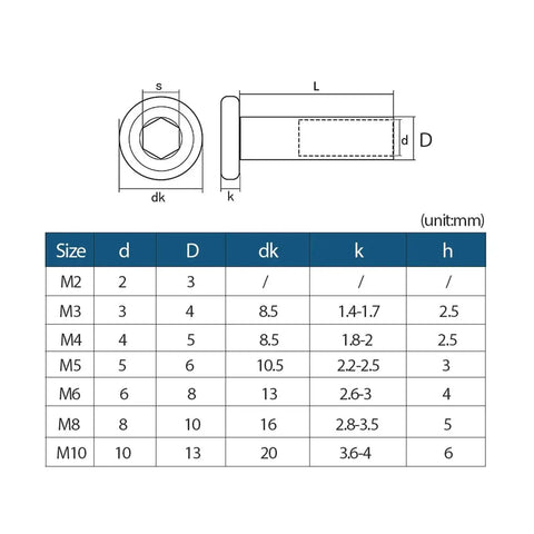 Heavy Duty 304 Stainless Steel Barrel Nuts And Hex Socket Furniture Rivet Inserts M2 Through M10 Sizes detailed size chart