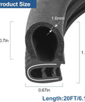 Automotive door weather stripping cross-section view; black rubber edge seal with side bulb, 20 ft length