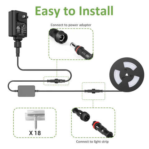 Diagram showing installation of 49.2ft Smart LED Outdoor Rope Light With Music Sync RGB, app control, RF remote, and power adapter.