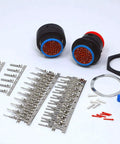 Bulkhead 47 Pin Connector Kit Built Tough For Pass Through Firewall Applications With Quick Bayonet Coupling 14 20 AWG Stamped Contacts Silicone Seals Black Housing kit parts laid out
