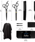 Pro Hair Cutting Scissors Set For Barbers And Salons, 10 Piece Kit With scissors, comb, cape, clips, and case displayed
